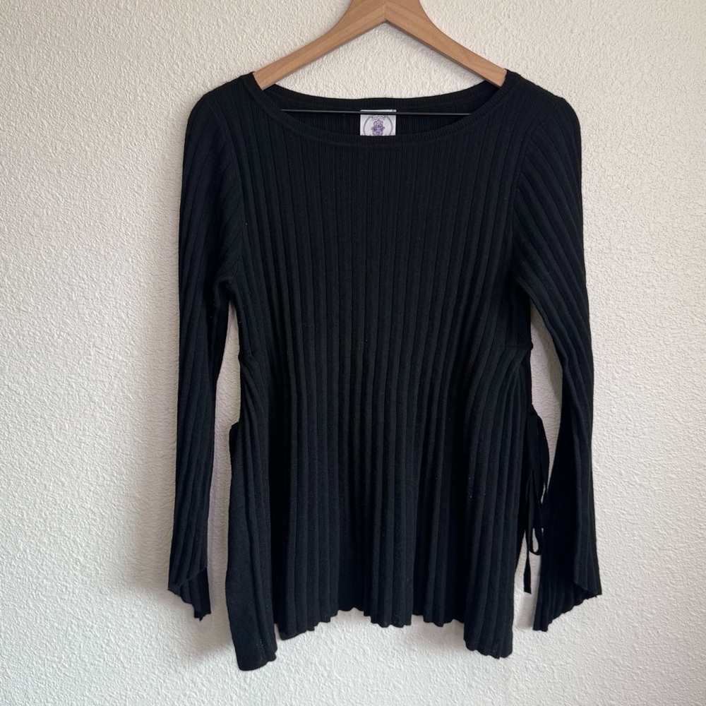 Muche et Muchette Black Ribbed Knit Side Tie Boat Neck‎ Sweater One Size